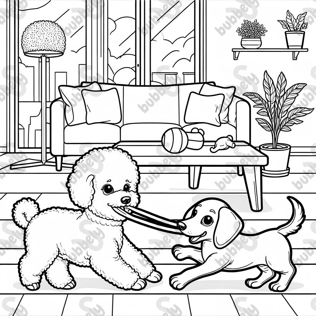 A bichon frise and a dachshund playing tug of war in a living room