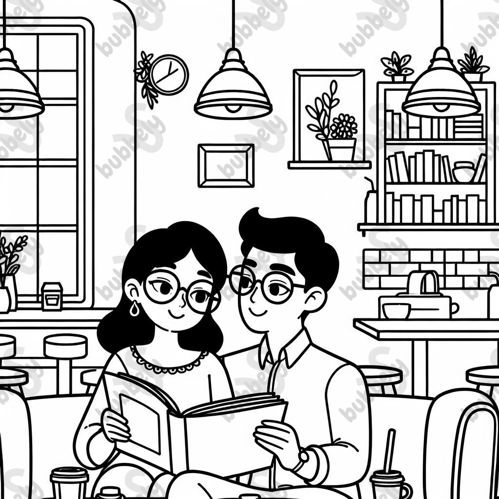 A Hispanic couple wearing glasses sitting down on a couch reading at a coffee shop.