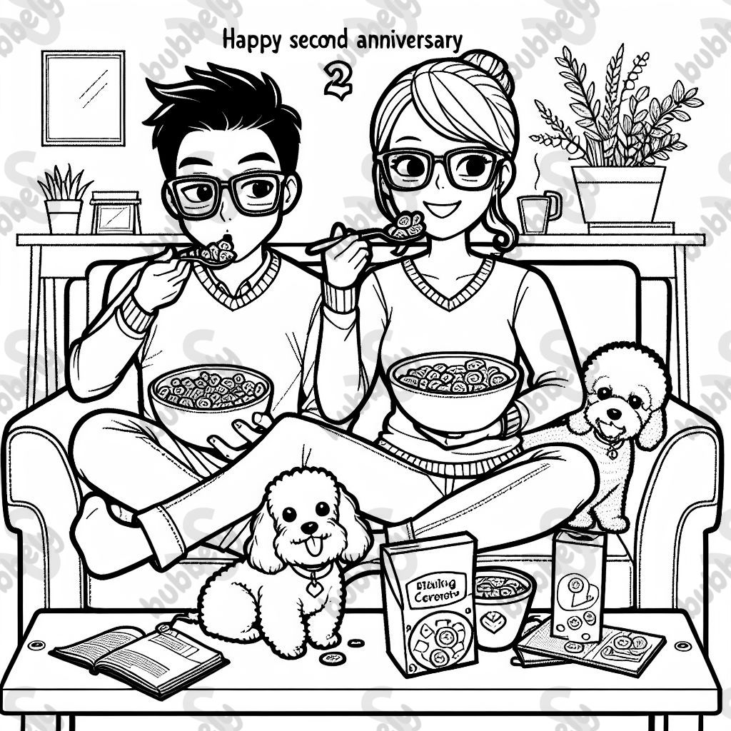 A Hispanic couple with glasses eating cereal on a couch with a bichon frise and a dachsund with a title that says ‘Happy Second Anniversary.’