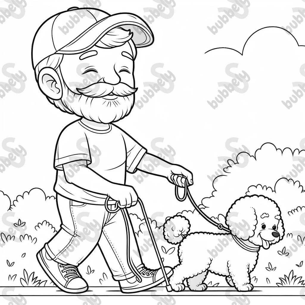 An older Hispanic man with a goatee and wearing a baseball hat, white shirt, and jeans walking a bichon frise outside.
