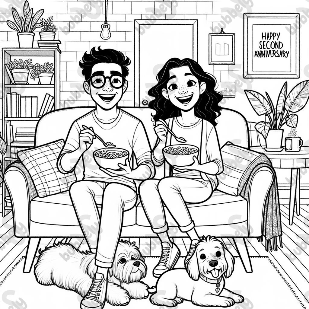 A Hispanic couple wearing glasses sitting on a couch eating cereal with a bichon frise to the left and a dachshund to the right with a title that says 'Happy Second Anniversary'.