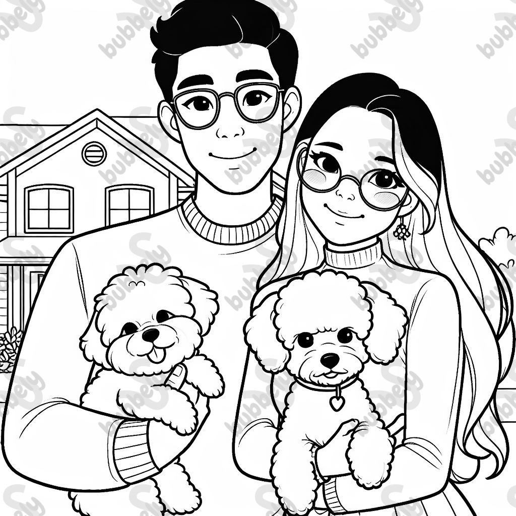 A Hispanic couple, both wearing glasses, posing for a picture in front of a house. The man is holding a bichon frise in his arms, and the woman is holding a dachshund in her arms.