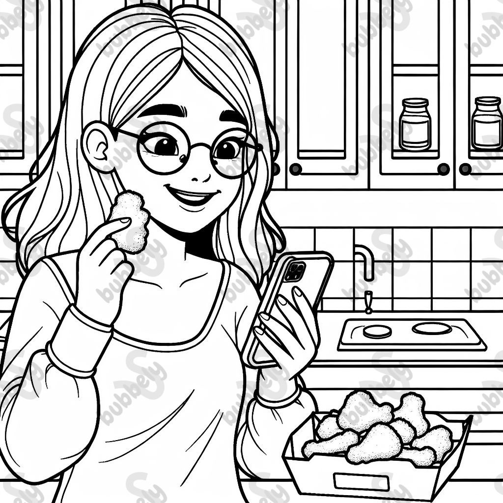 A young Hispanic woman with glasses eating chicken nuggets in the kitchen while watching a movie on her phone.