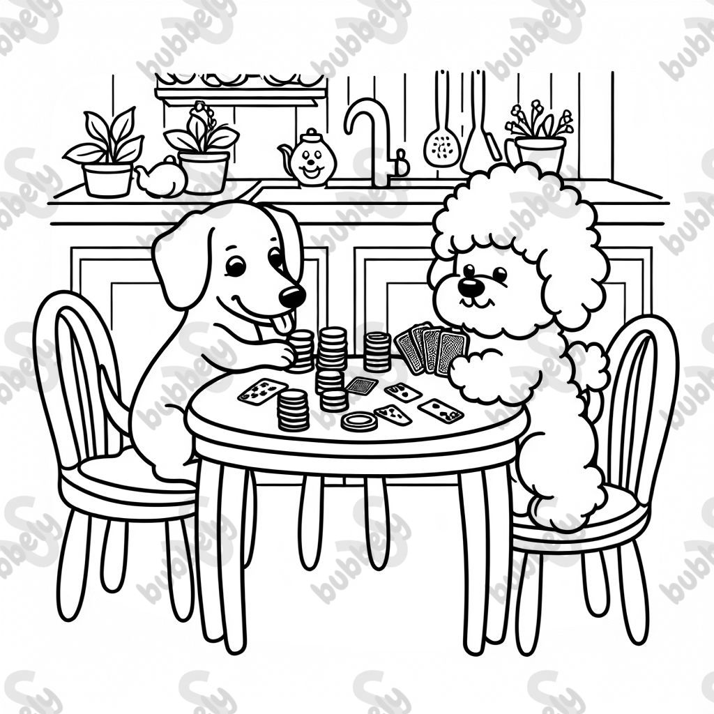 A dachshund playing poker with a bichon frise on a kitchen table