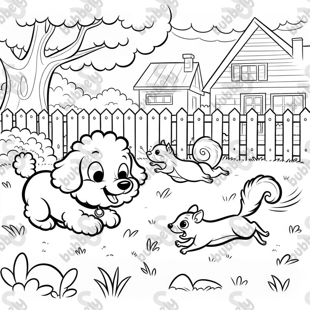 A bichon frise and a dachsund chasing a squirrel in a backyard