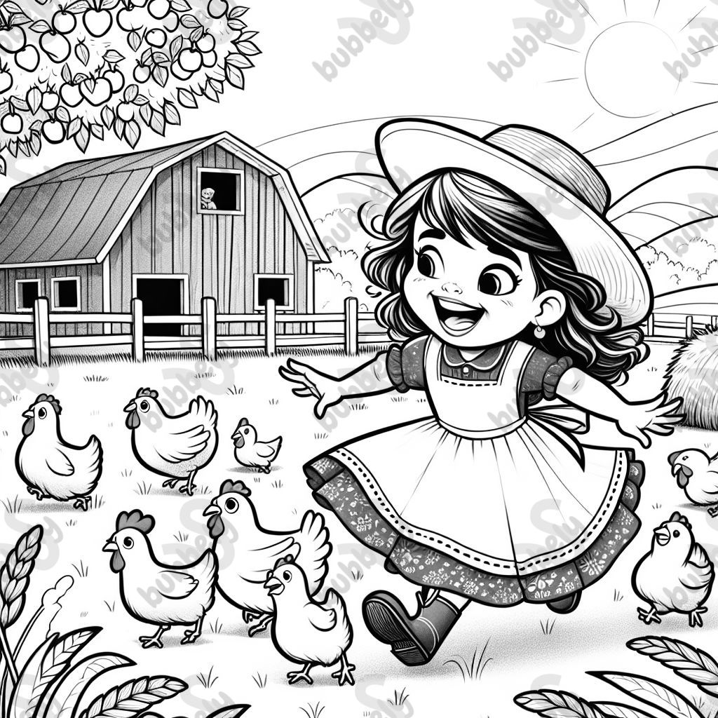 Young girl chasing chickens at the farm
