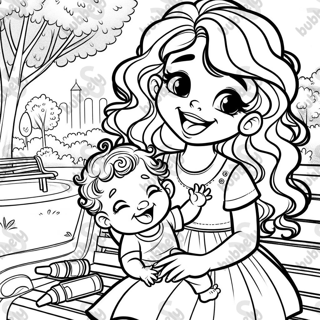 Girl with curly hair holding a baby