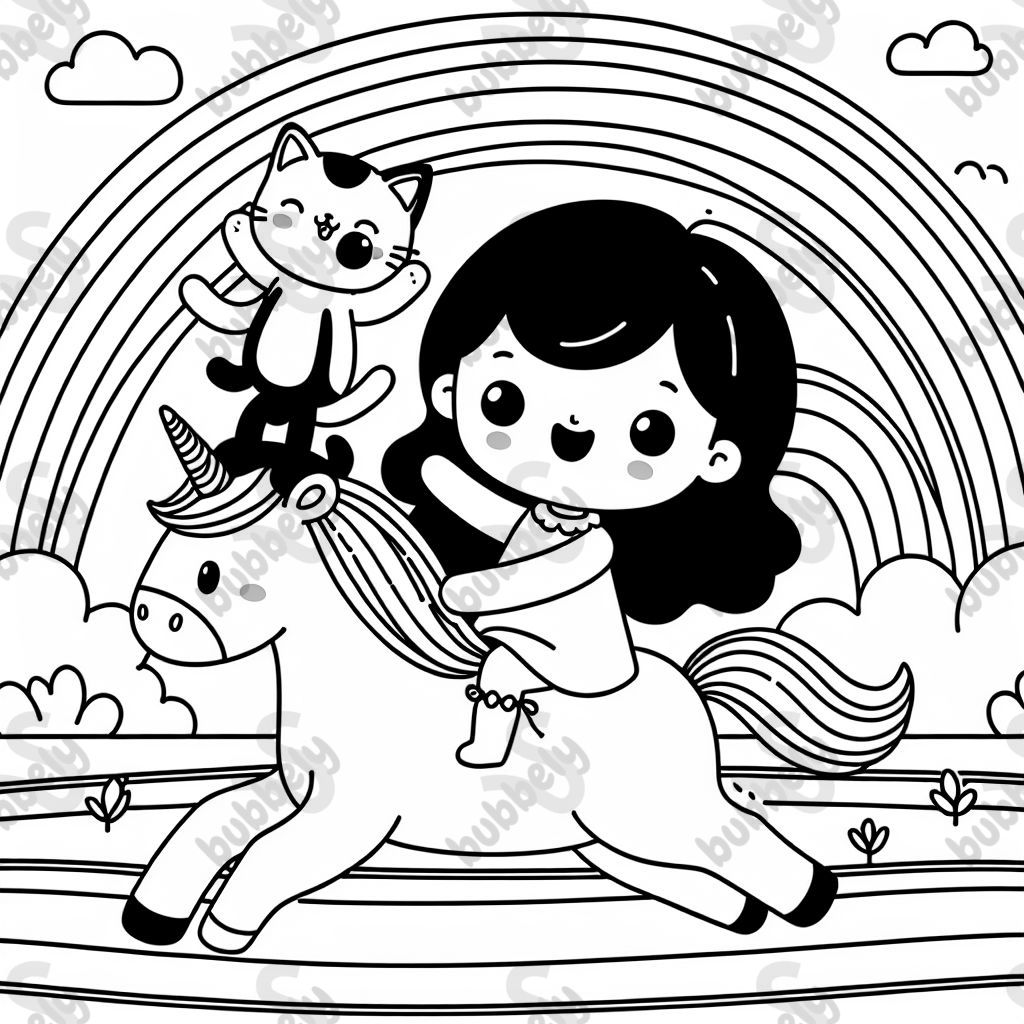 3 year old girl with wavy hair and her black cat riding a unicorn over a rainbow