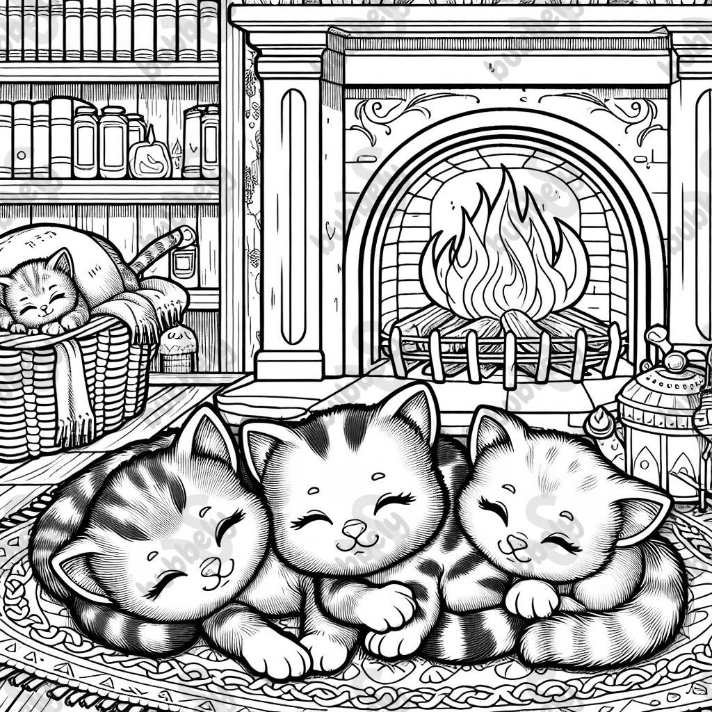 kittens sleeping by a fireplace