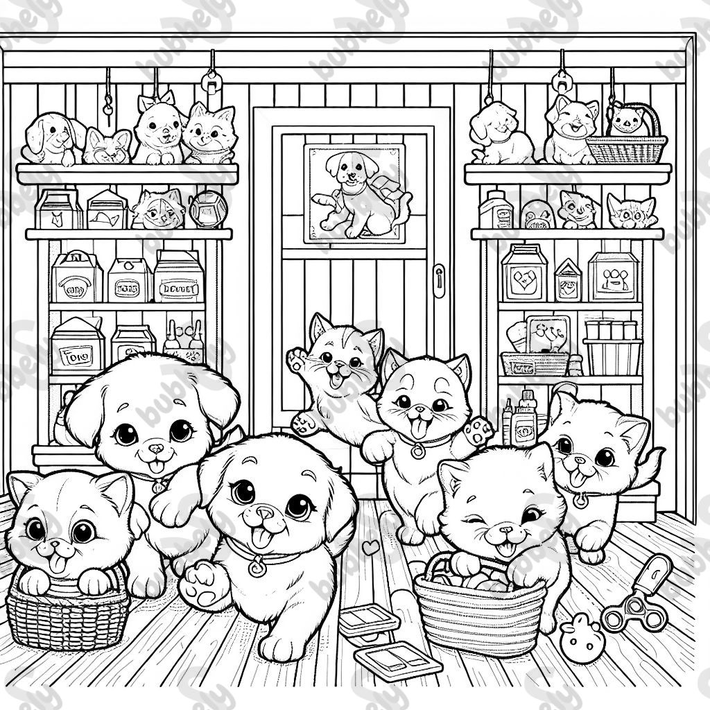 Puppies and kittens running around in a shop