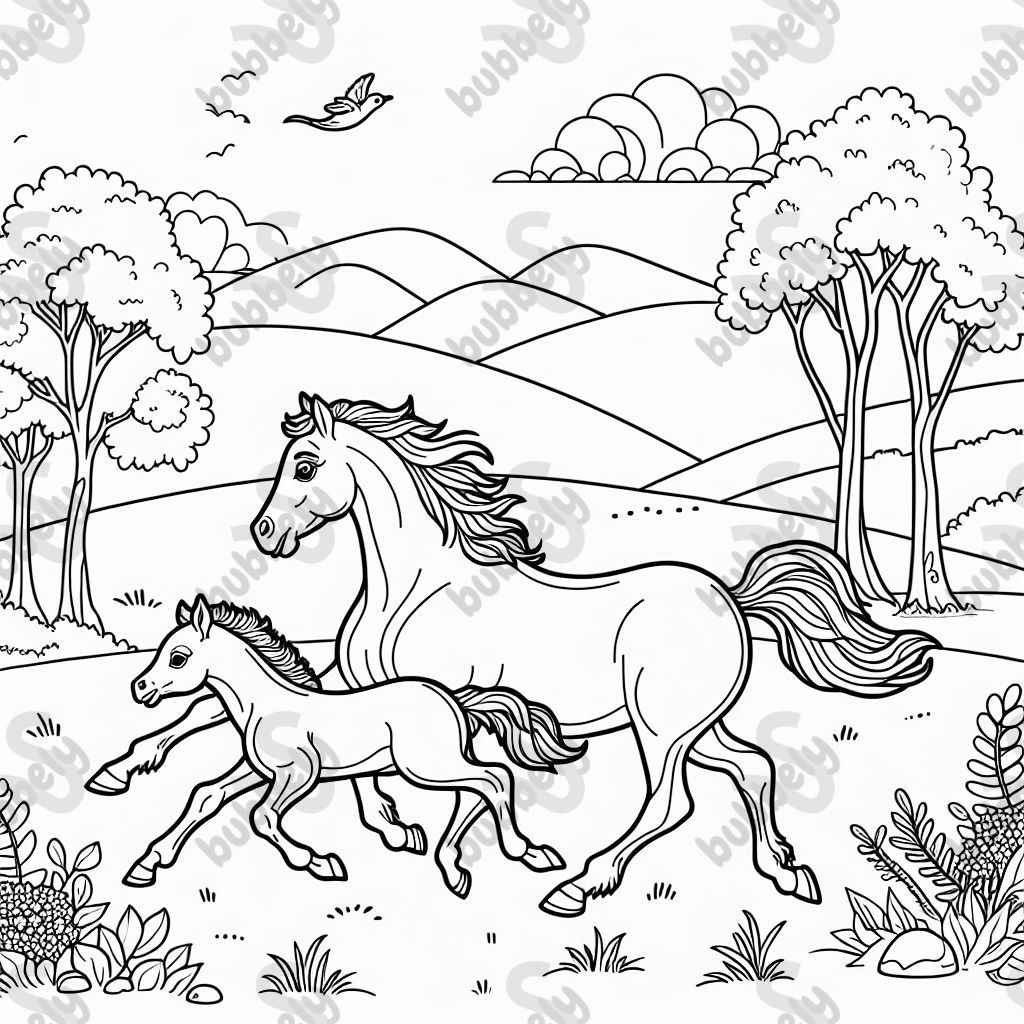 A mommy horse running with her baby horse