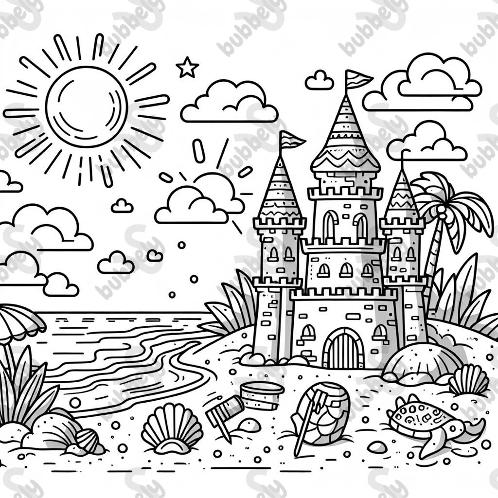 sunny beach with sandcastle