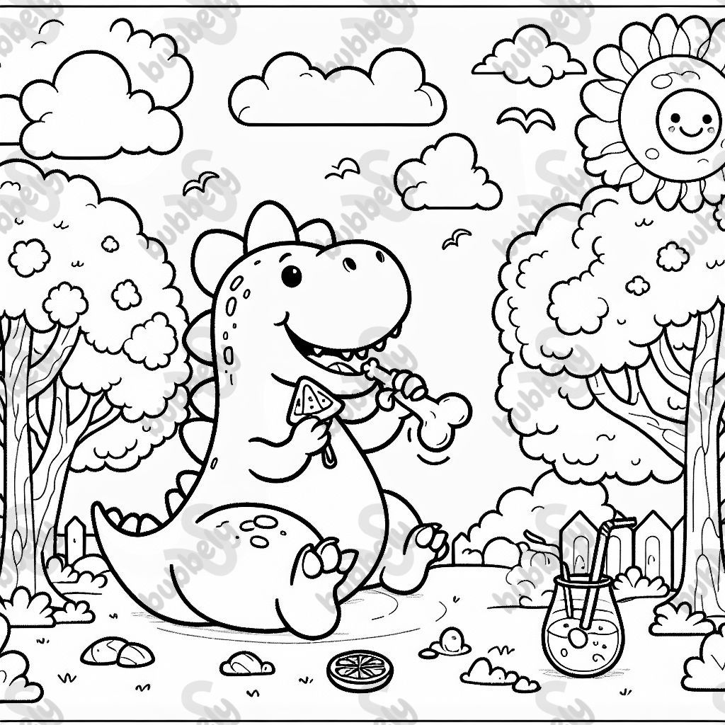 A dinosaur eating a chicken nugget and a lemon