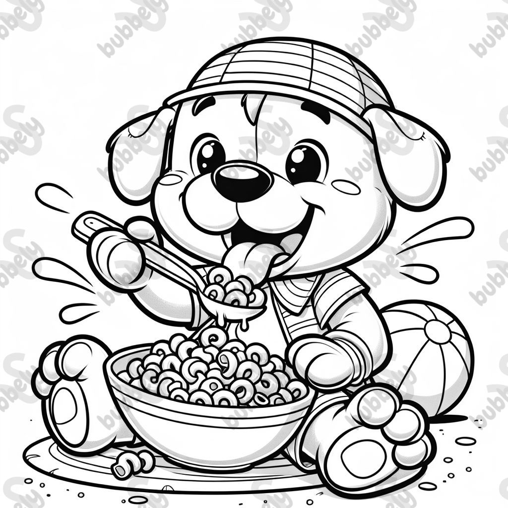 A PUPPY EATING MAC AND CHEESE ON VACATION