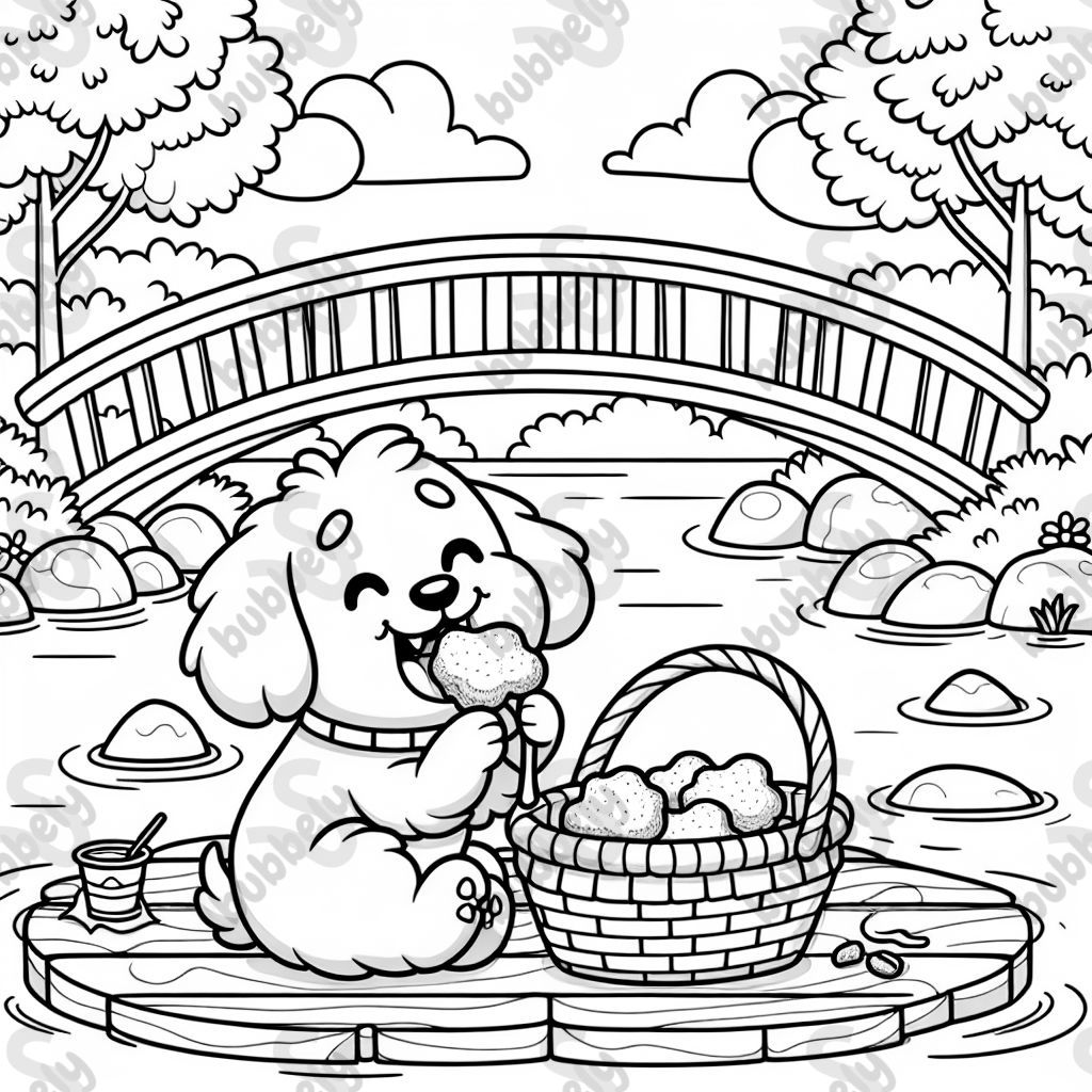 a dog eating chicken nuggets on a bridge with his basket
