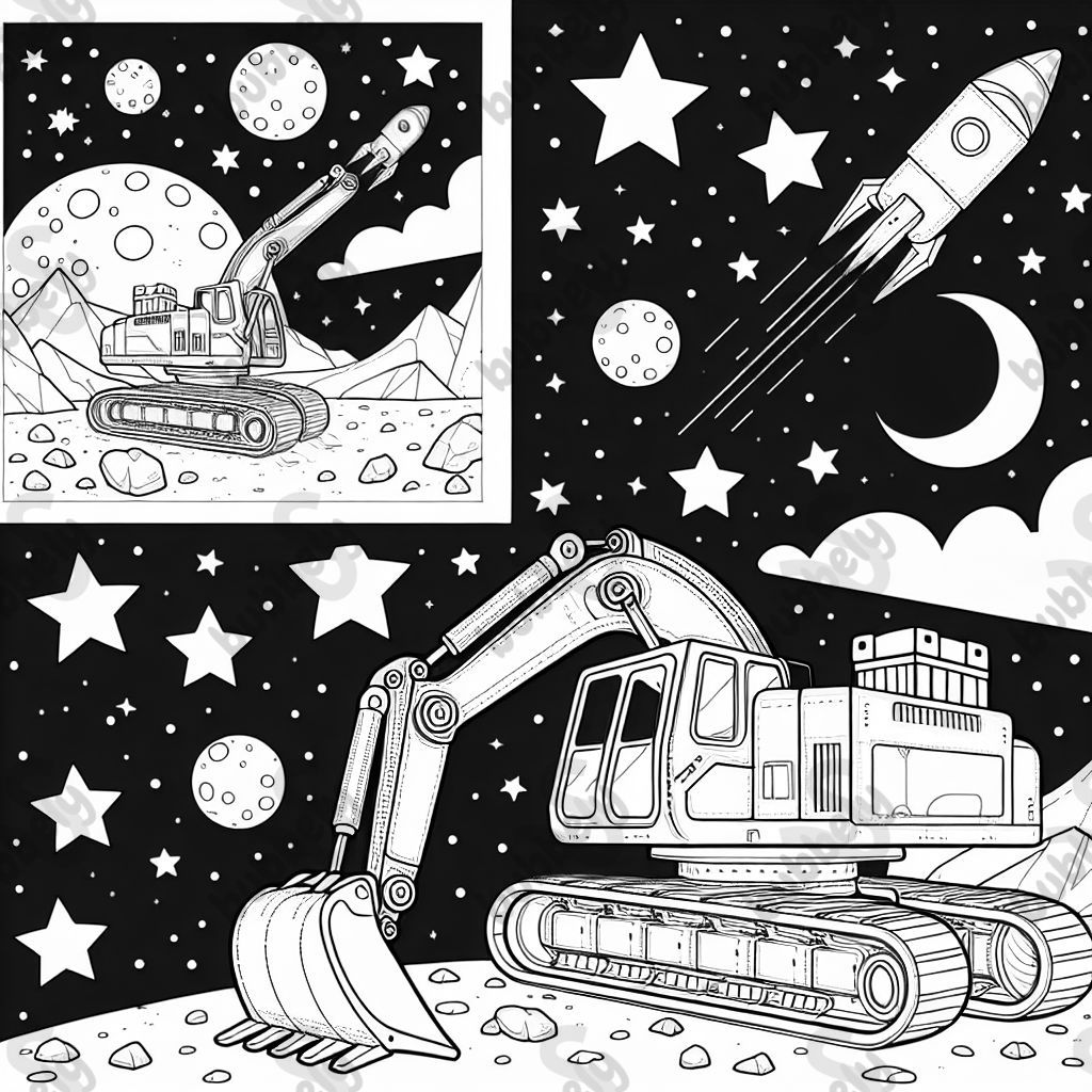 An excavator in space with numbers in place of stars