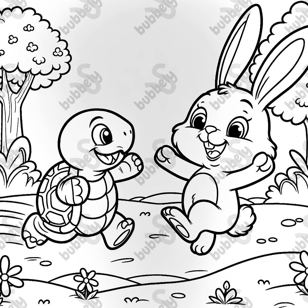 turtle and bunny running to each other