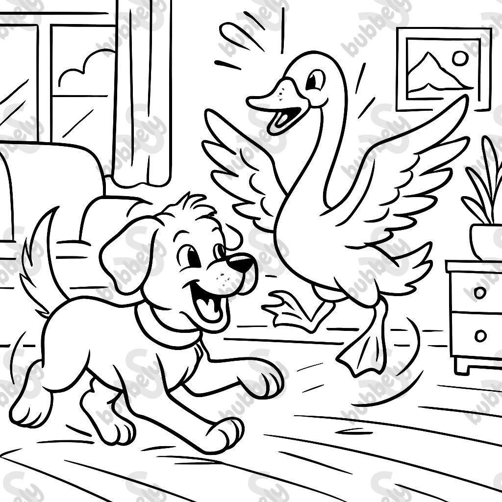 A puppy playing with a swan in a house.