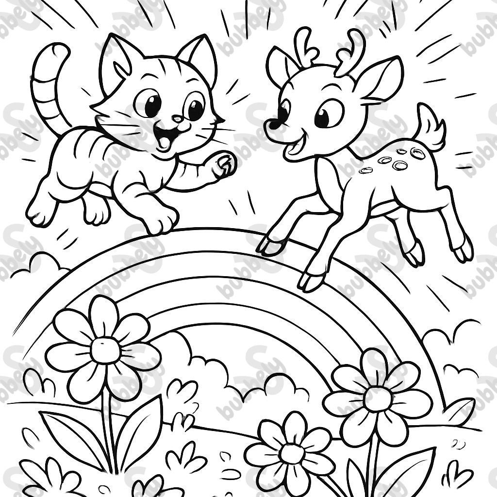 un chaton et un cerf jouant sur un arc-en-ciel au-dessus d'un jardin
