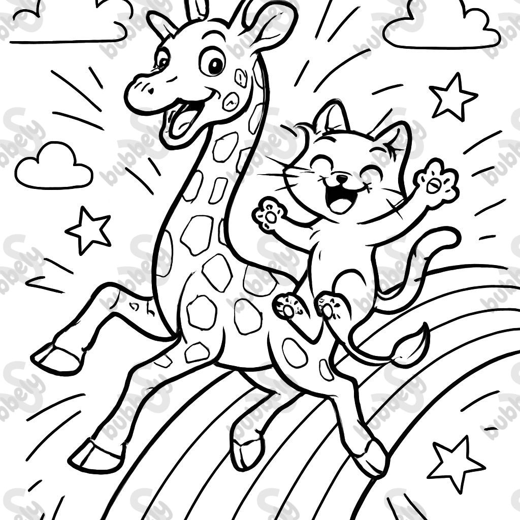 giraffe and kitten playing on a rainbow