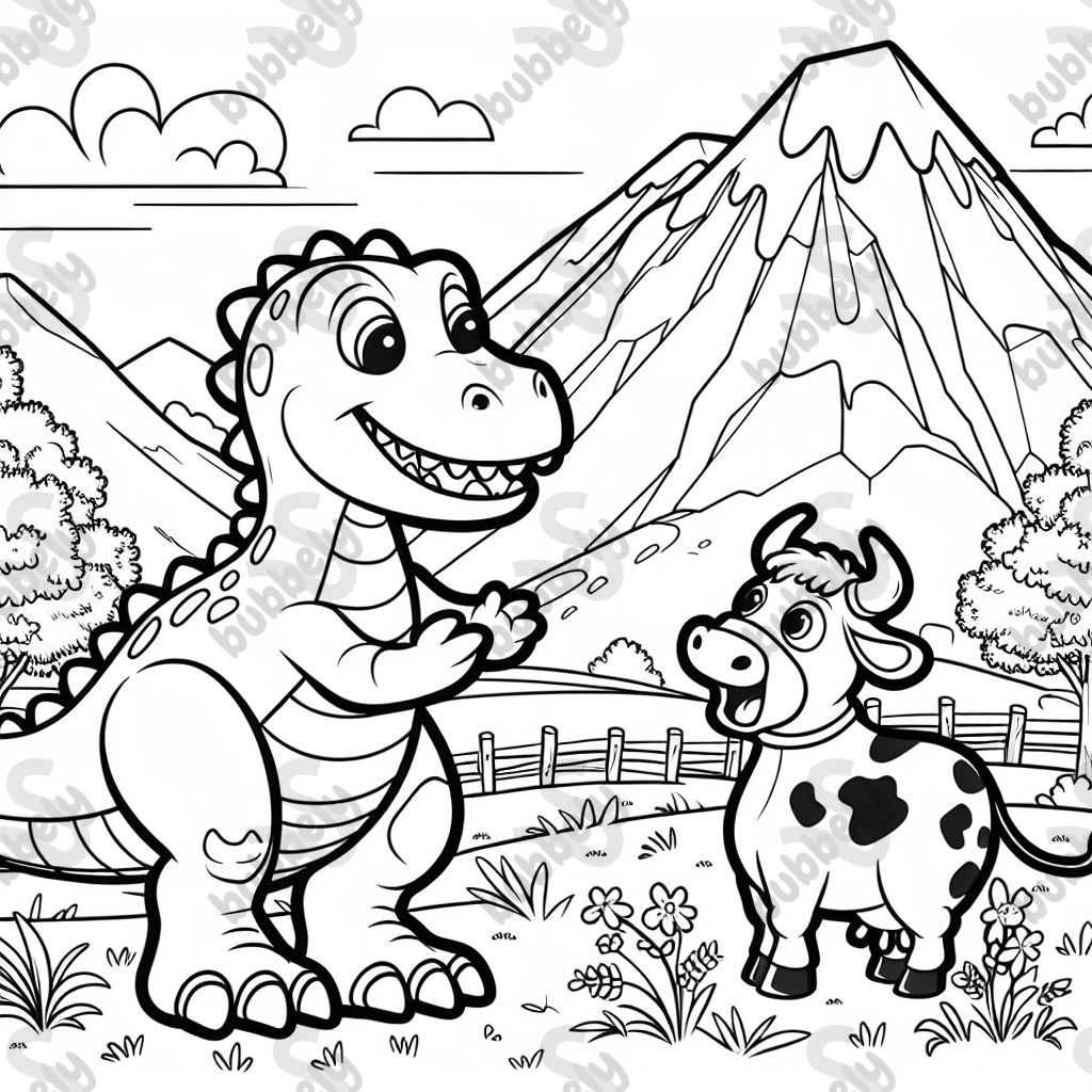 Un dinosaure et une vache dans les montagnes.