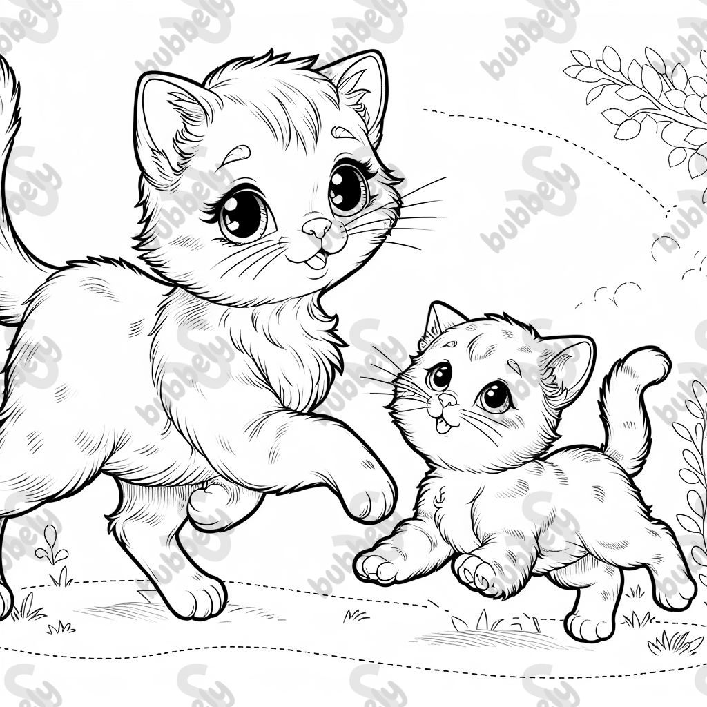 A mom cat and her kitten are running toward each other.