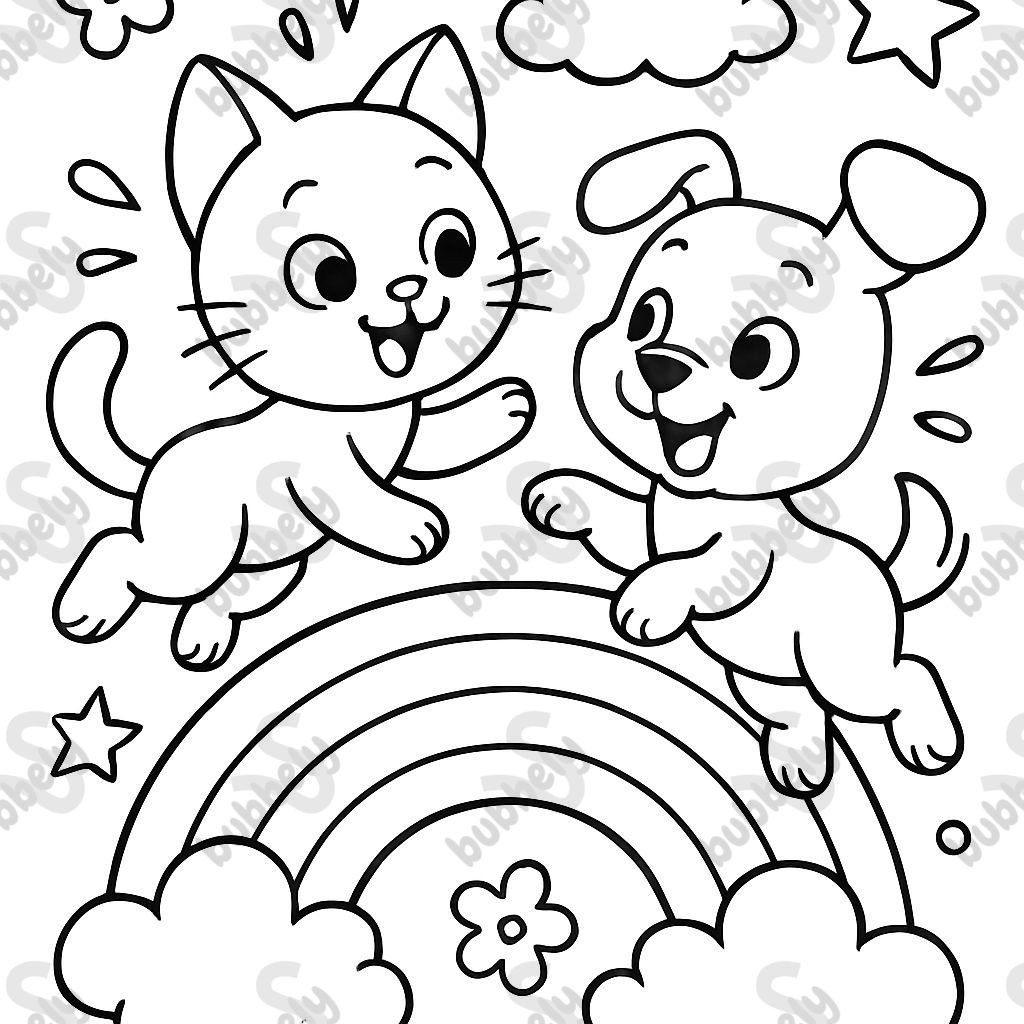 a kitten and a puppy playing on a rainbow