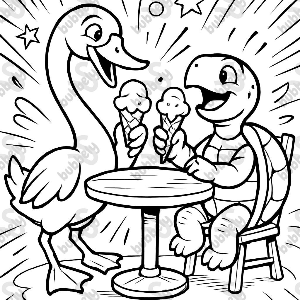 A swan and a turtle eating ice cream at a table.