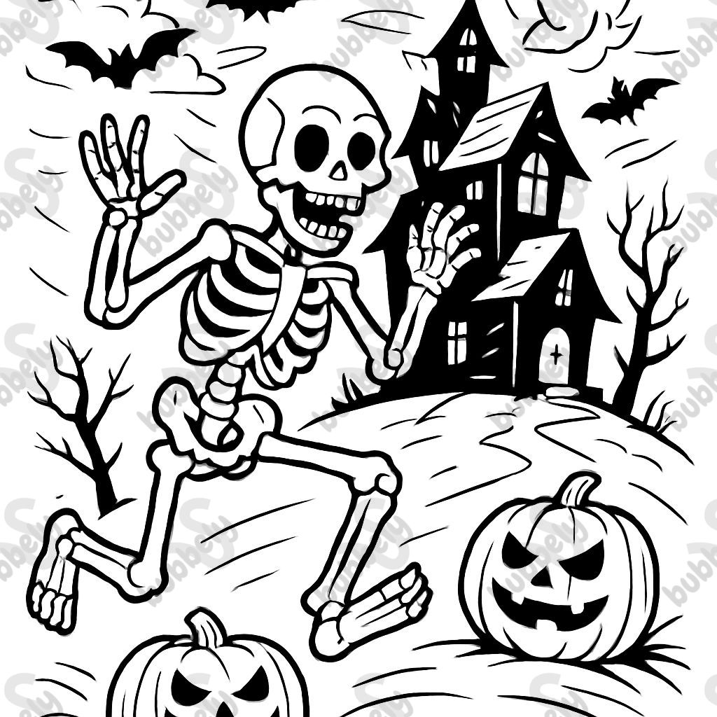 maison hantée avec 2 citrouilles et un squelette maison hantée avec 2 citrouilles et un squelette