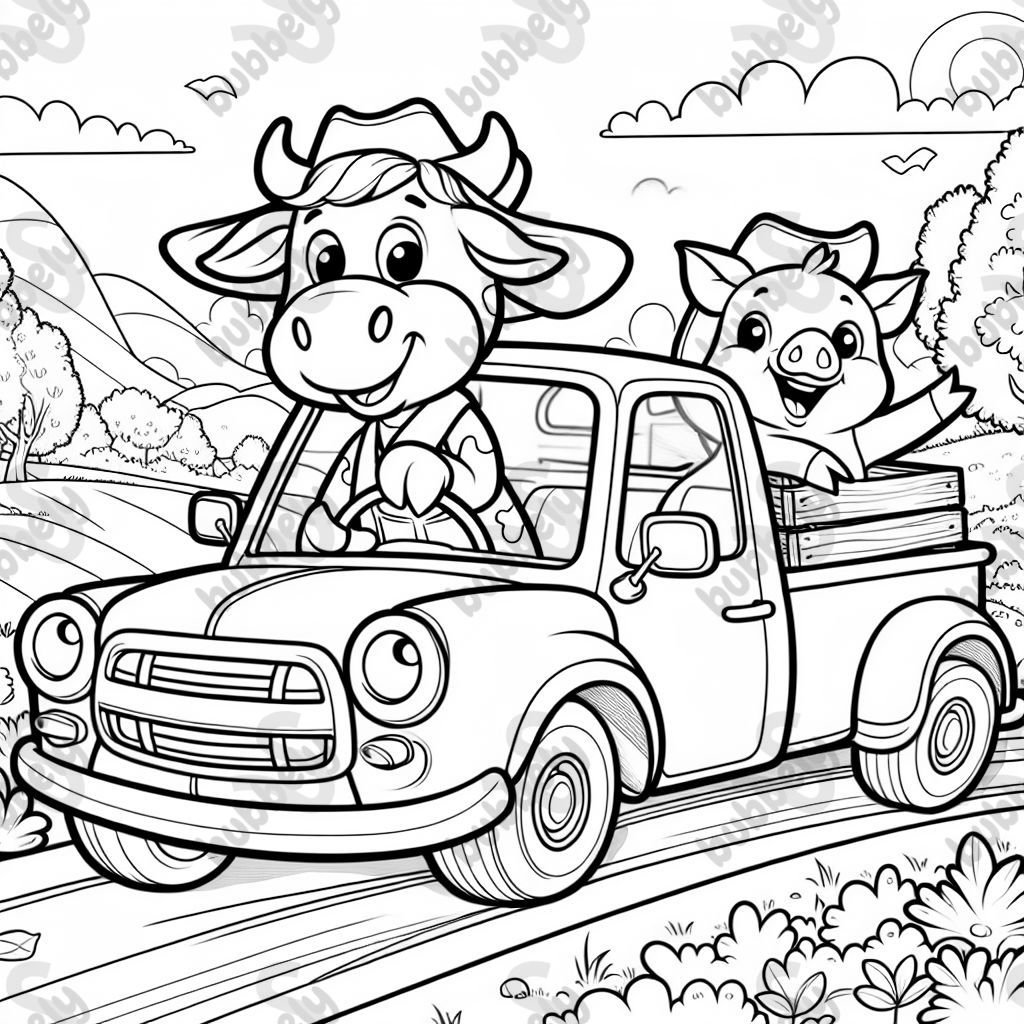 A cow driving a pickup truck with a pig. A fun and colorful scene for kids to color.