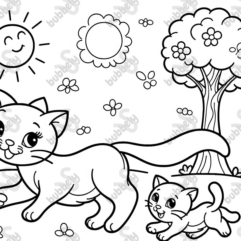 A mom cat and her kitten are running towards each other.