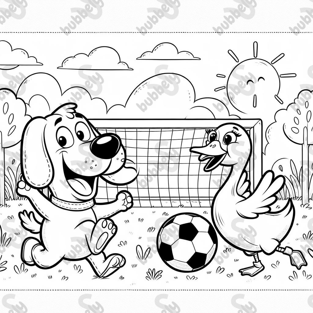 A dog and a goose are playing soccer on a field.
