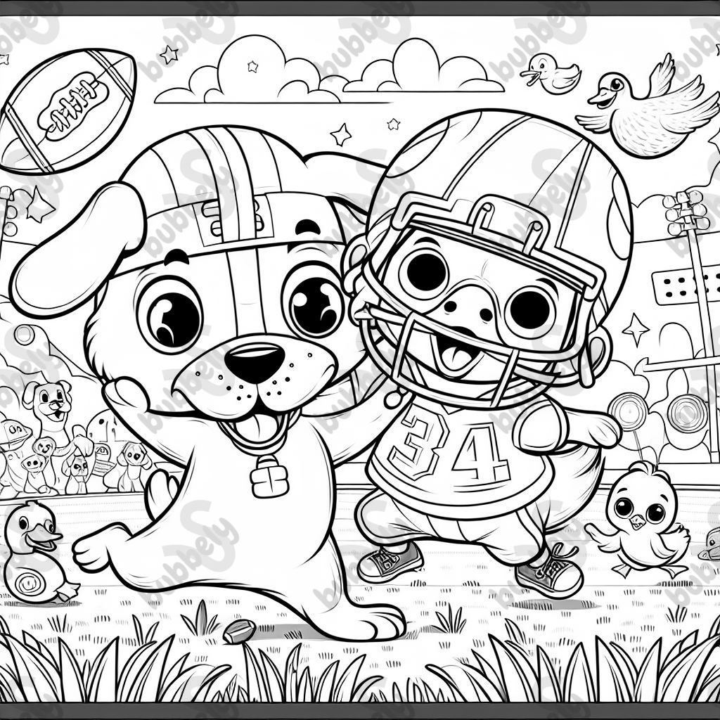 A dog and a duck are playing American football.