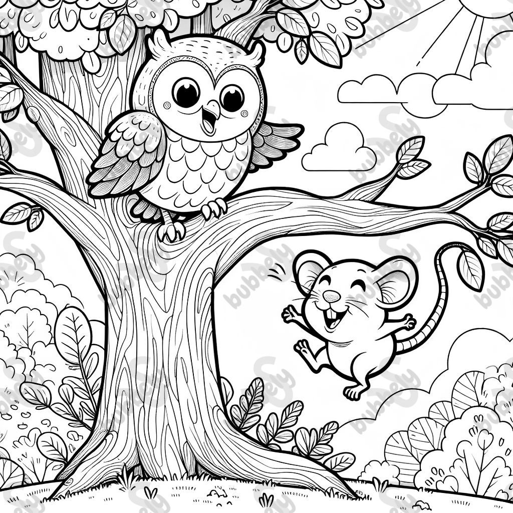 An owl and a rat jumping out of a tree.