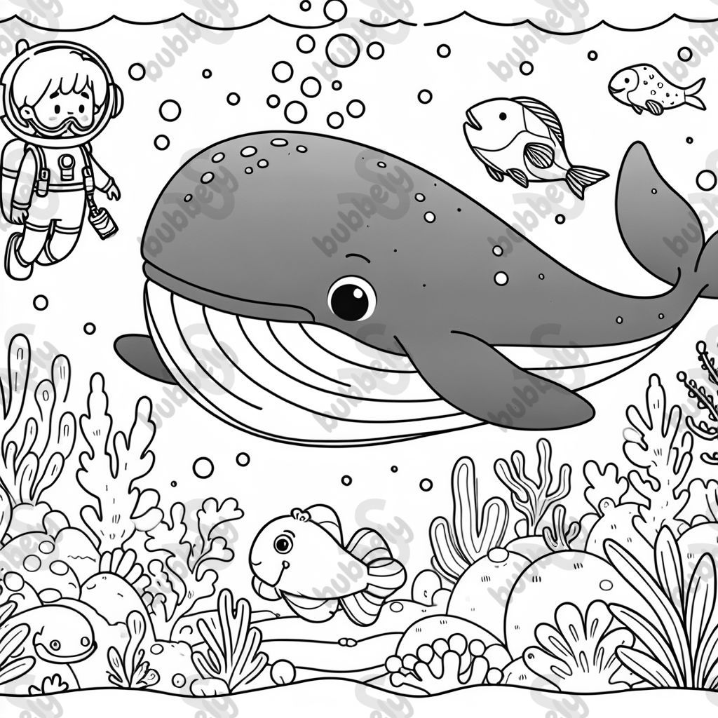 A blue whale and a diver in a beautiful underwater world.