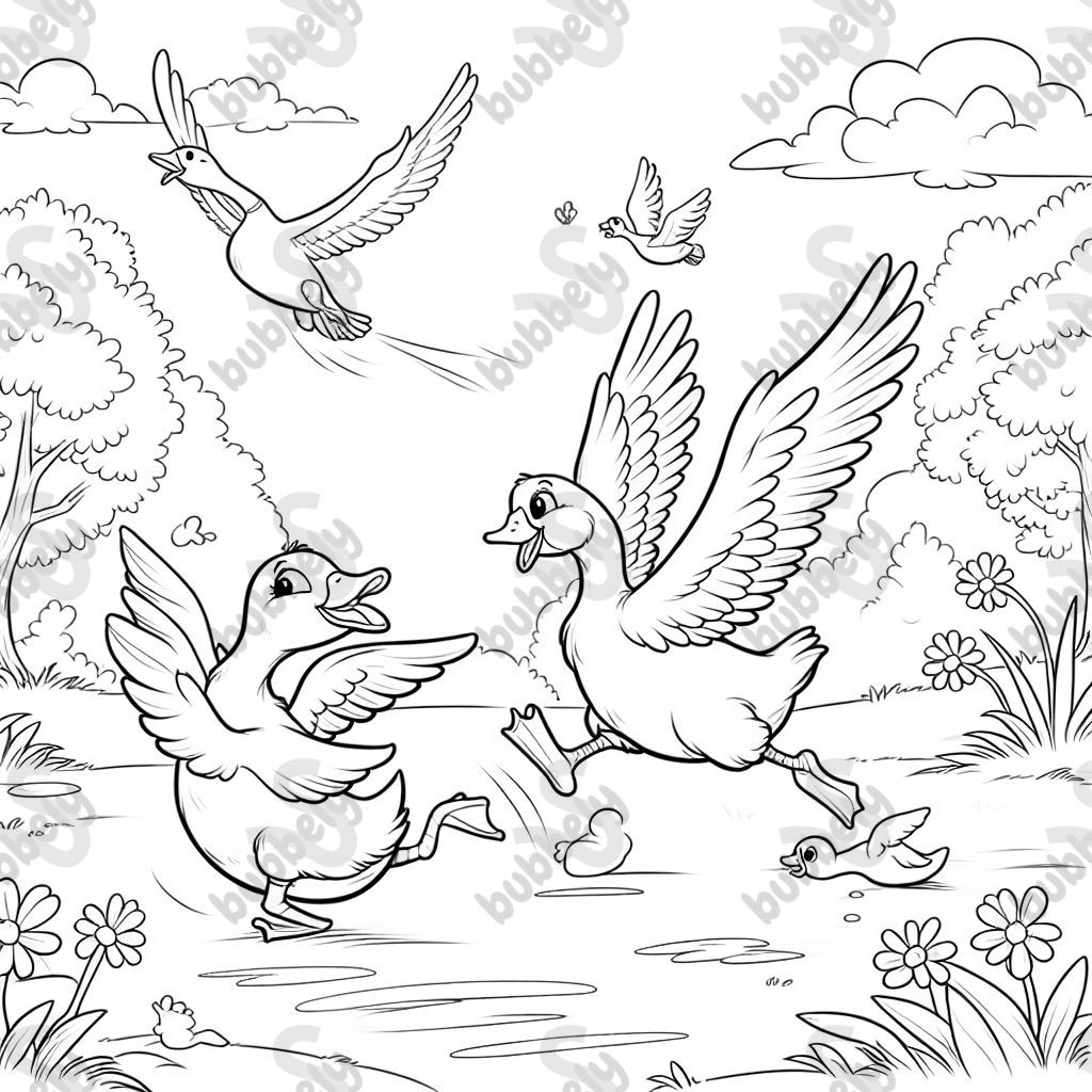 A duck and a goose are running towards each other.