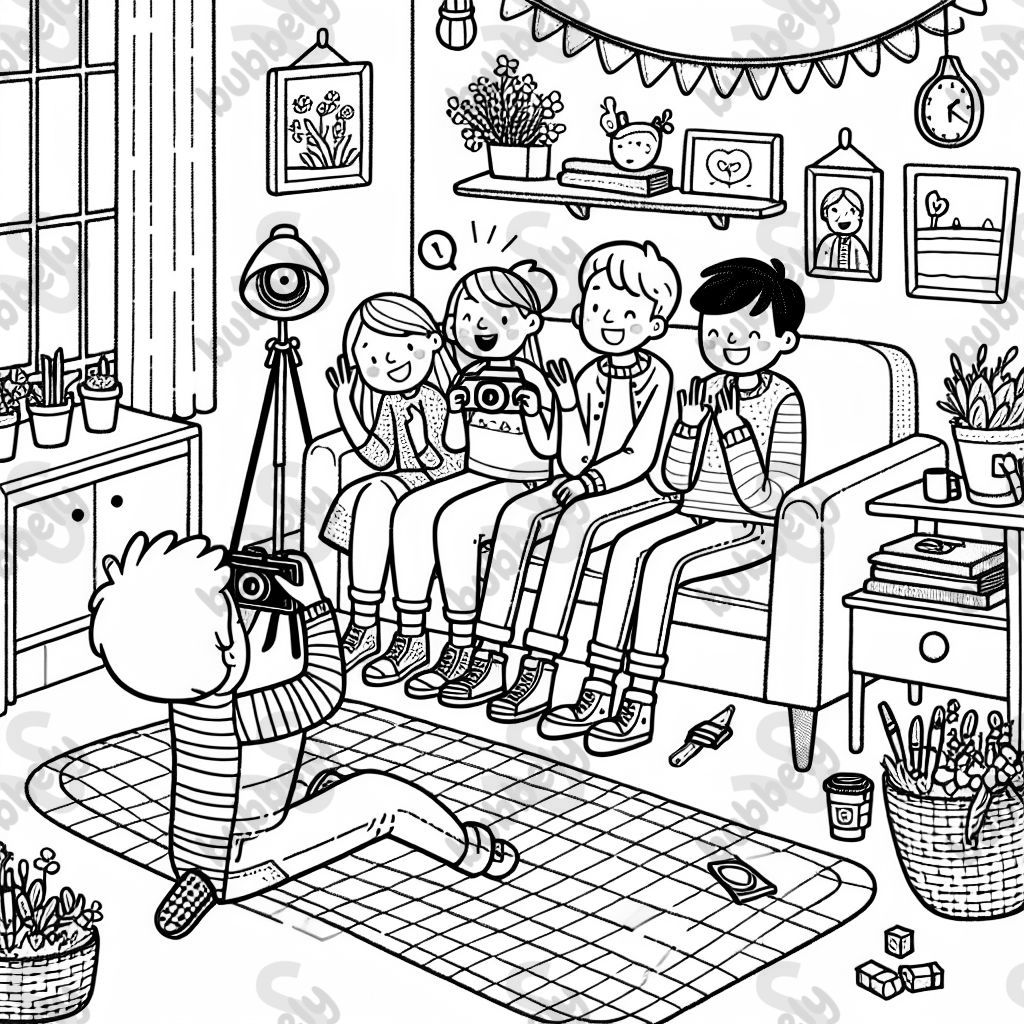 Freunde sitzen auf dem Sofa und werden fotografiert