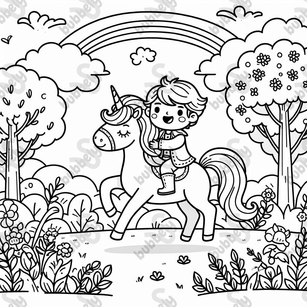 Ein Kind reitet auf einem Einhorn im Garten