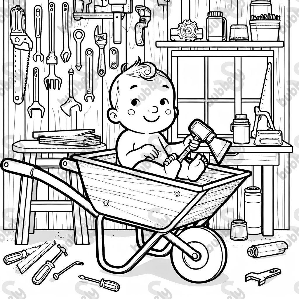Baby sitzt in einer Schubkarre in der Werkstatt