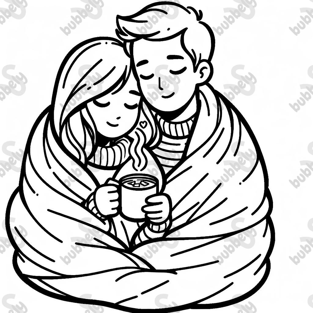 A couple cuddled up under a soft blanket with a steaming cup of cocoa