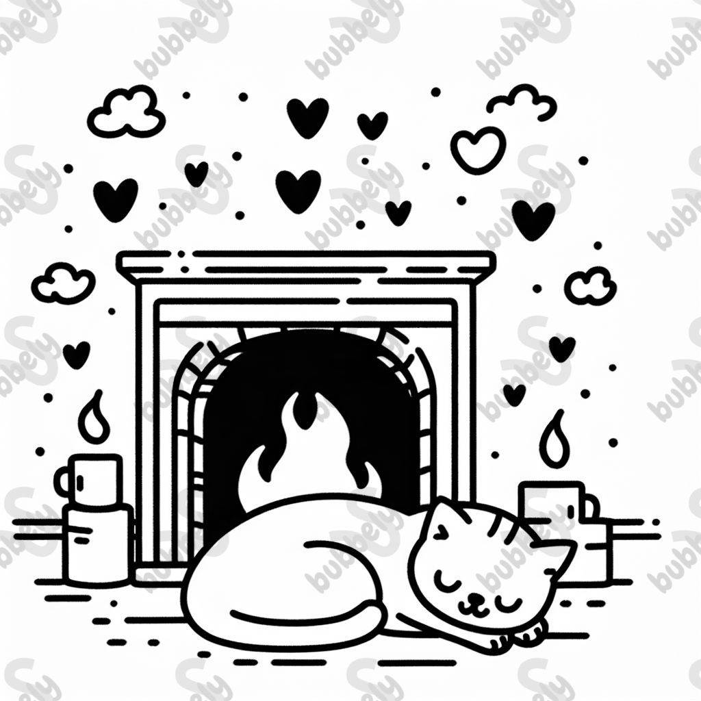 A cat curled up by a fireplace with hearts floating around. Minimalist 