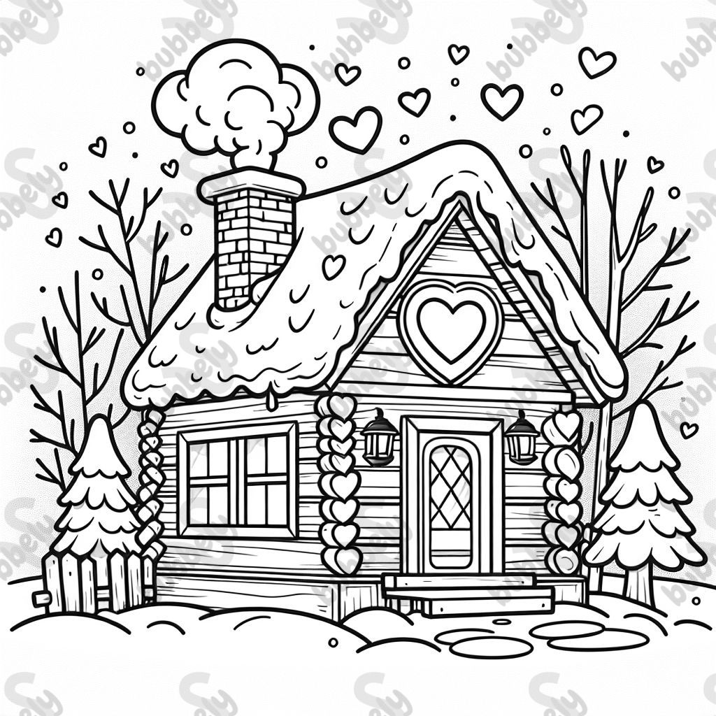 A warm-lit cabin with heart-shaped smoke curling from the chimney