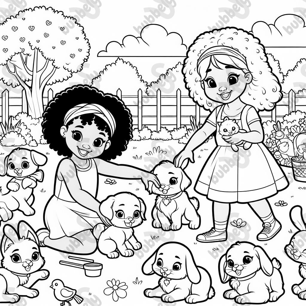 Three African American girls and some Caucasian girls playing with cute animals