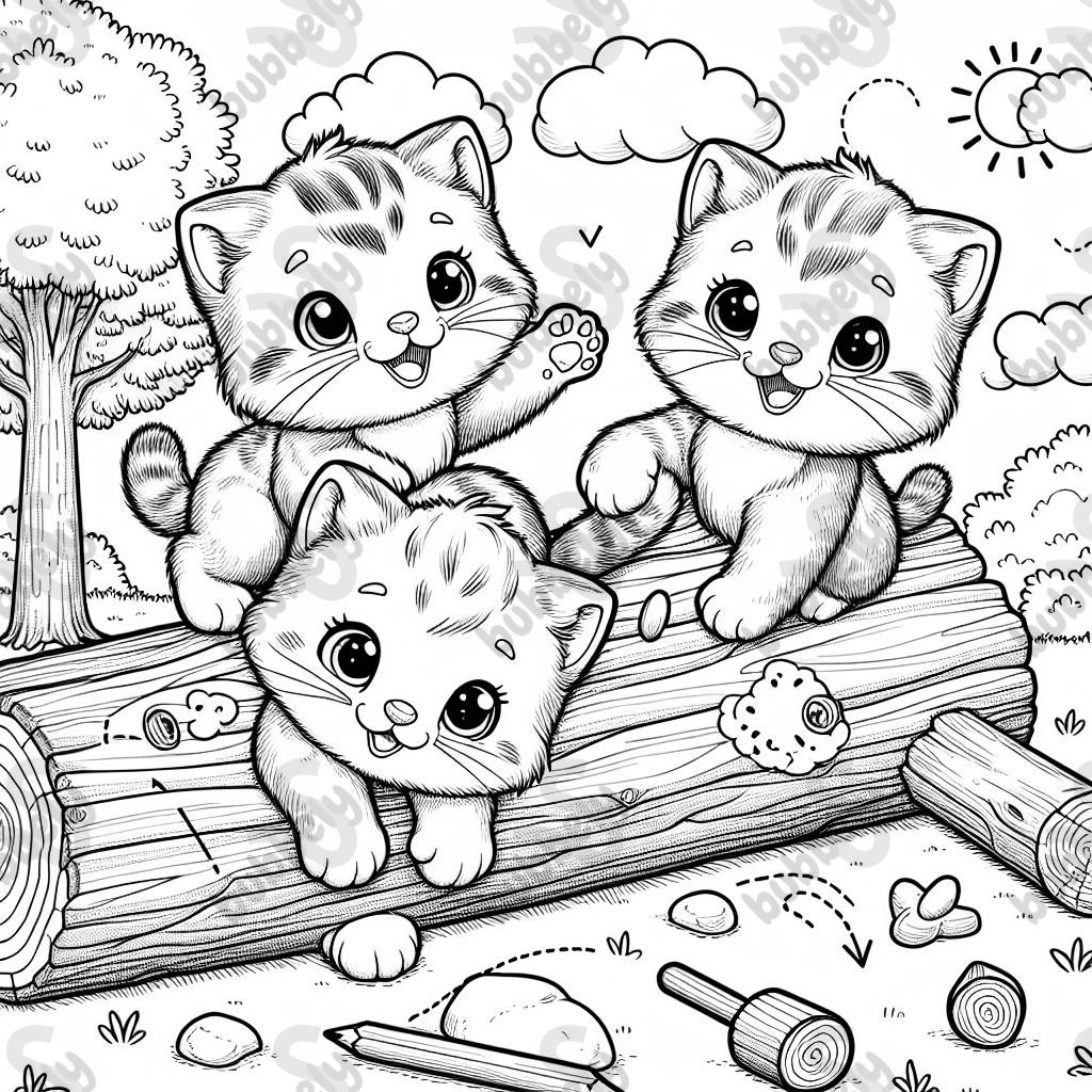 Drei kleine Kätzchen auf einem Baumstamm