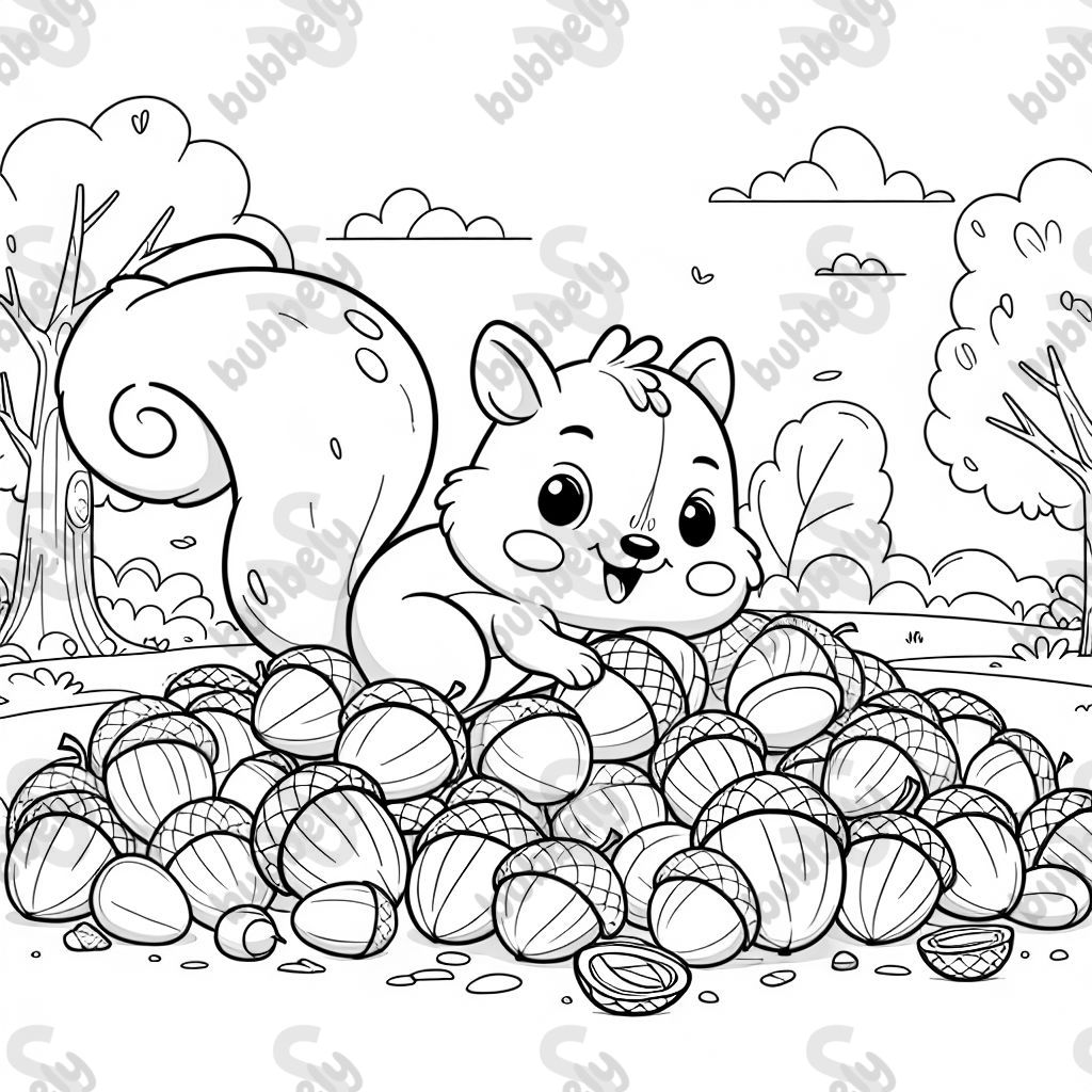 squirrel with a giant pile of acorns