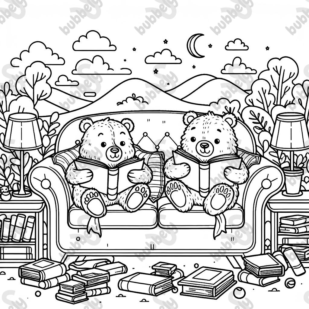 bears sitting on couch reading books