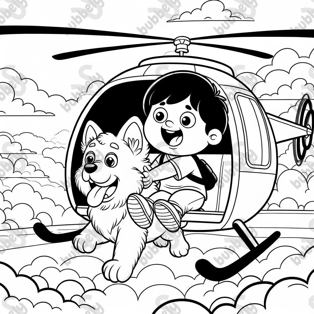 boy petting big dog riding in helicopter