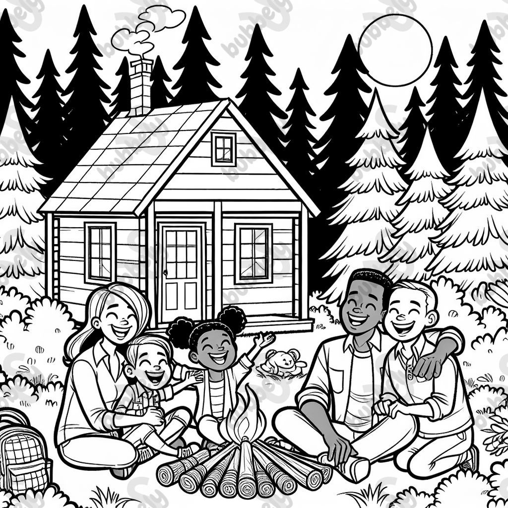 boy girl mom dad staying at a cabin in pine trees