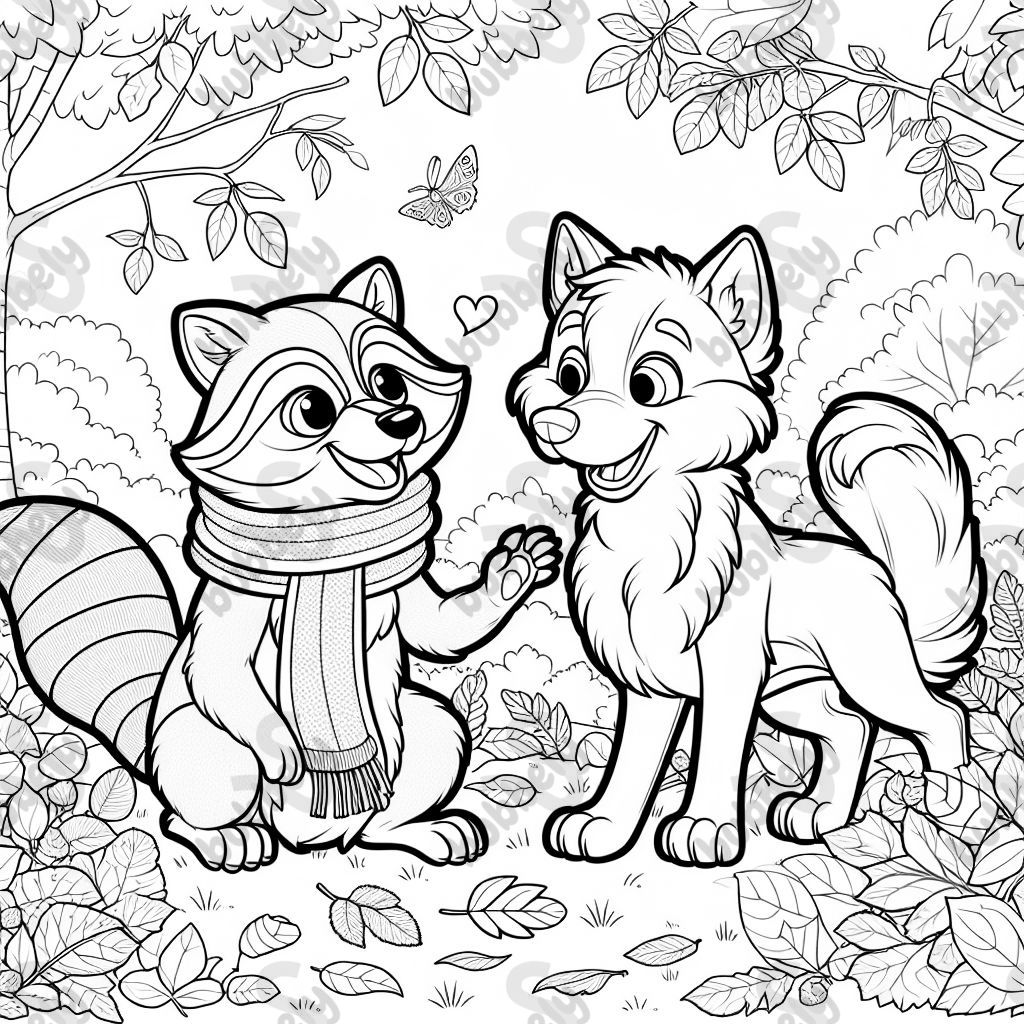 raccoon and wolf playing in fall leaves