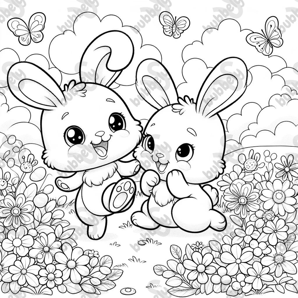 two cute bunnies playing in a field of flowers
